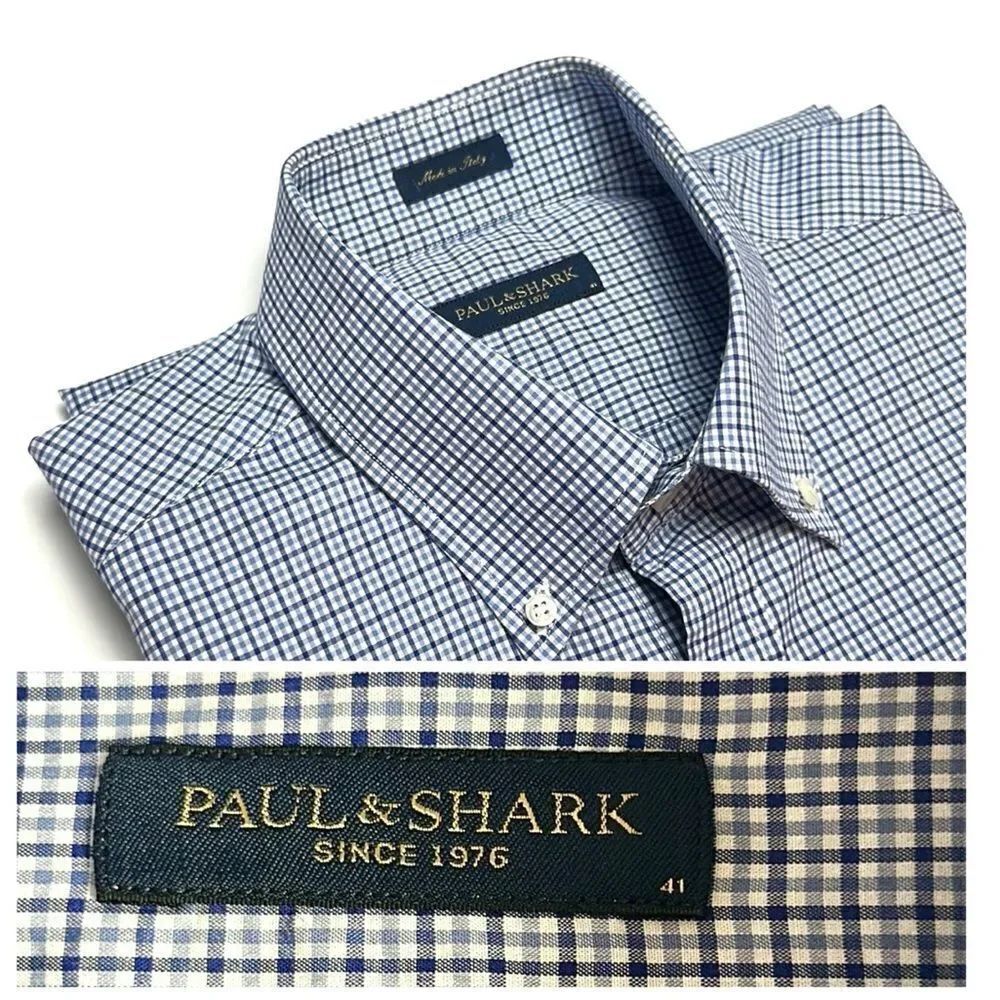 Paul & Shark Casual Shirt Button Down Cotton Blue Plaid Italy size L neck 16,5